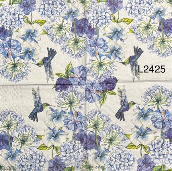 Birds (L2425) - Hummingbird with Blue, White and Purple Flowers