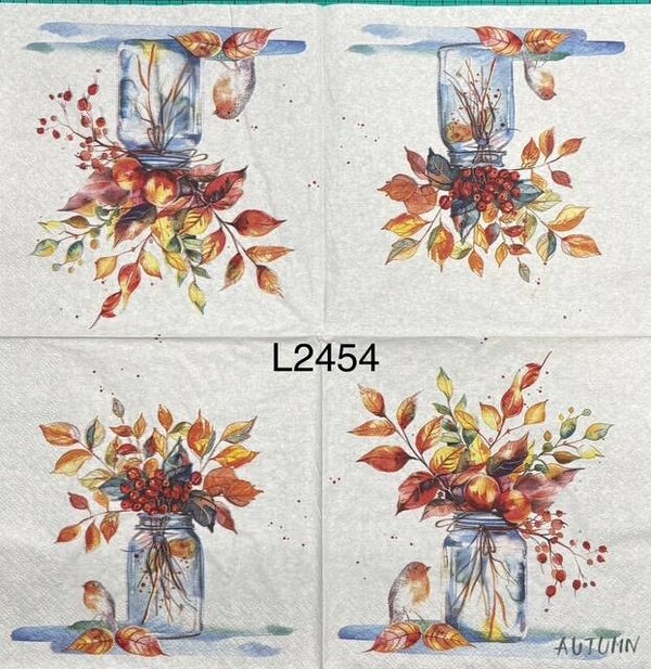 Fall (L2454) - Mason Jar with Leaves and a Robin on the Side