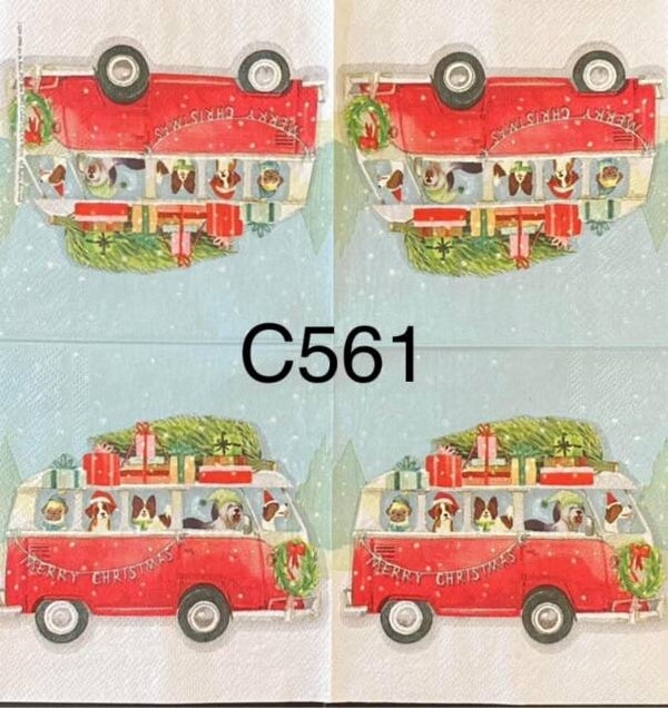 Dogs (C561/1257) - Red Volkswagon Van with Dogs Inside and Tree on Roof Christmas