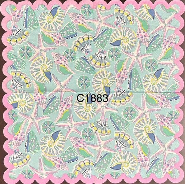 Beach (C1883) - Starfish, Shells, Surrounded by Pink Border