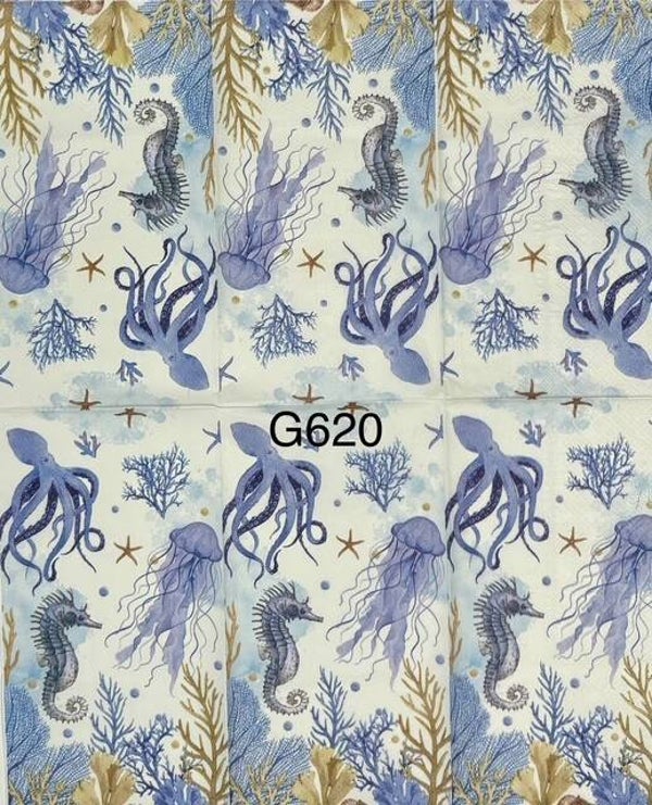Beach (G620) - Octopus, Jellyfish, Seahorse and Coral in Blues and Tans