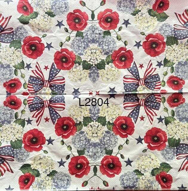 4th of July (L2804) - Red, White and Blue Flowers and Ribbons (Poppies and Hydrangeas)