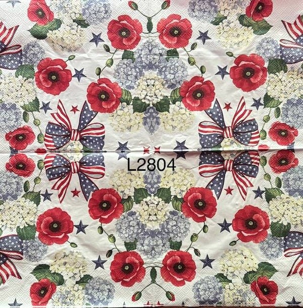 4th of July (L2804) - Red, White and Blue Flowers and Ribbons (Poppies and Hydrangeas)