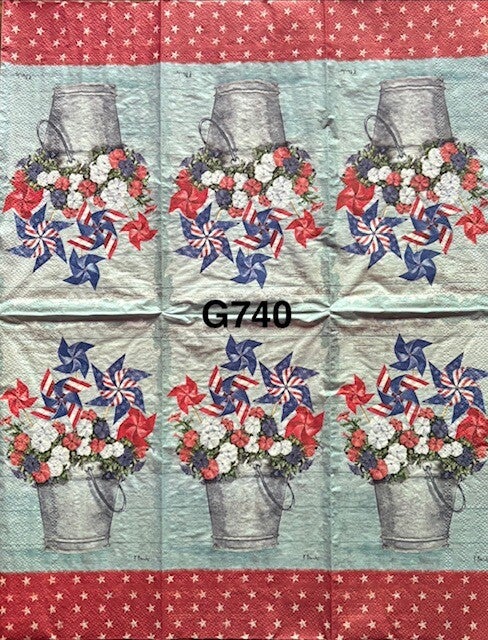 4th of July (G740) - Metal Bucket with Red, White and Blue Flowers and Wind Spinners