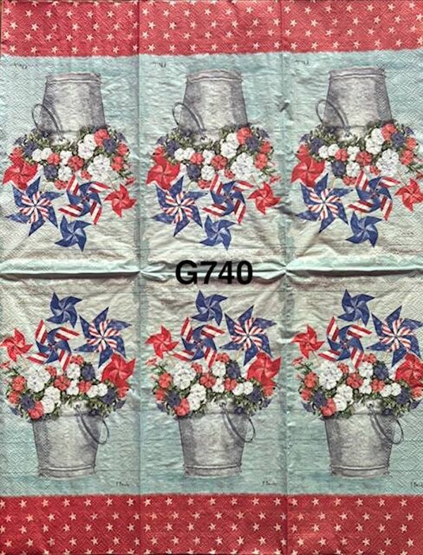 4th of July (G740) - Metal Bucket with Red, White and Blue Flowers and Wind Spinners