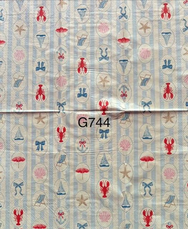Beach (G744) - Lobsters, Starfish, Shells, Sailboats, Ribbons, Chairs in Blue and White Stripes