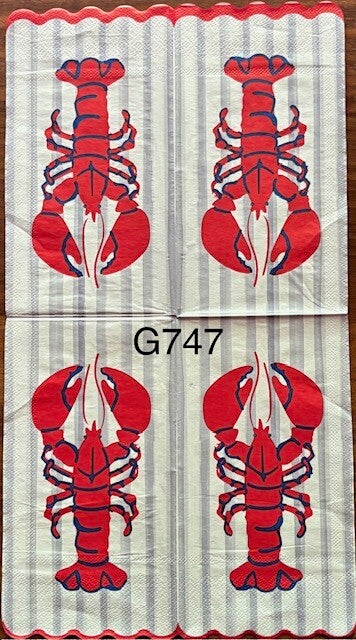 Beach (G747) - Red and Blue Large Lobster on a Blue and White Striped Background