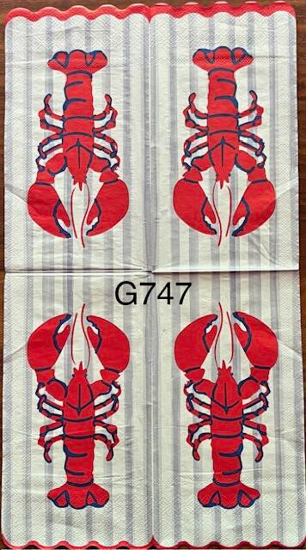 Beach (G747) - Red and Blue Large Lobster on a Blue and White Striped Background
