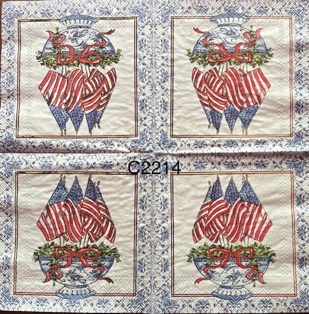 4th of July (C2214) - American Flags Planted in a Blue and White Vase with Red Ribbon
