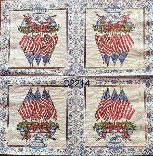4th of July (C2214) - American Flags Planted in a Blue and White Vase with Red Ribbon