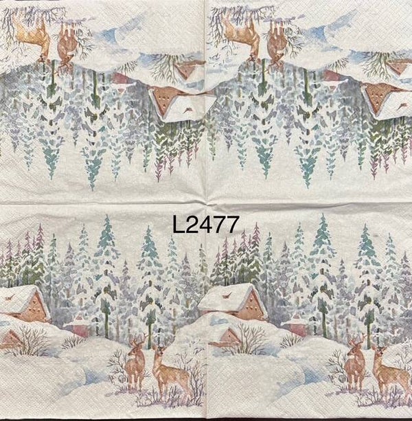 Deer (L2477) - Deer Couple Standing Outside of House Covered in Snow