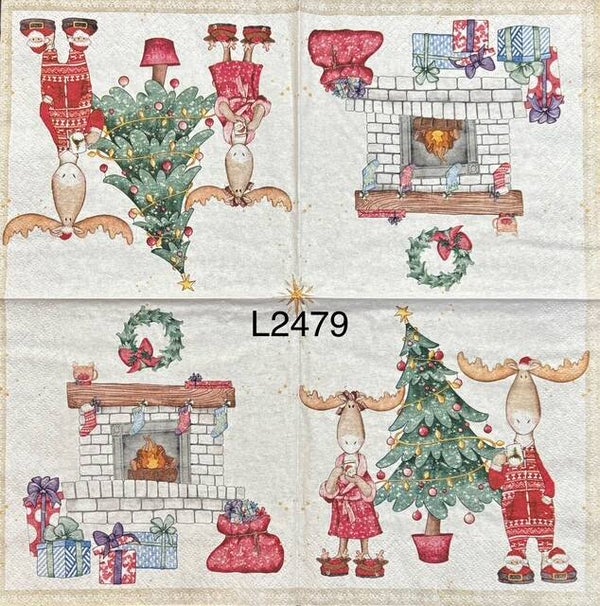 Christmas (L2479) - Moose Couple by Christmas Tree and Fireplace