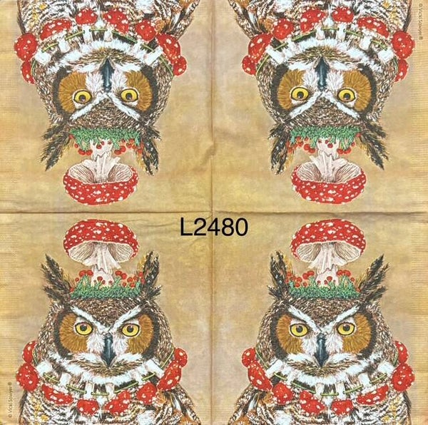 Birds (L2480) - Owl with Red Mushroom on Head and Mushroom Necklace