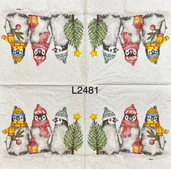 Christmas (L2481) - Three Penguins with Hats and Scarves Holding a Tree, Lantern and Ornament