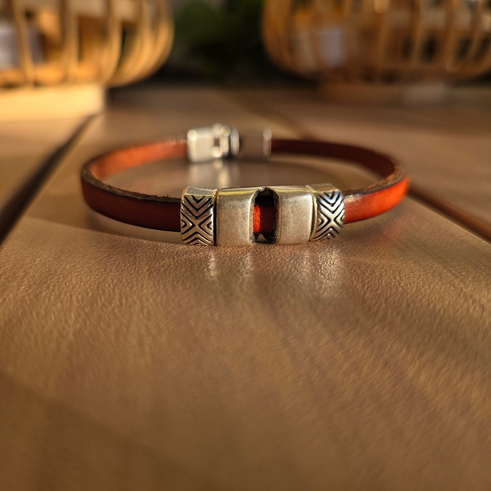 Bracelet cuir avec double coulissant Noisette