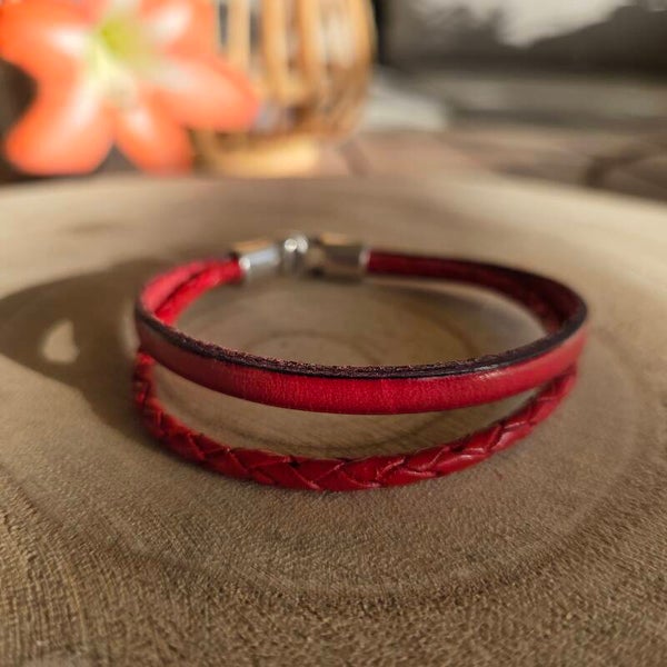 Bracelet cuir fin double rouge