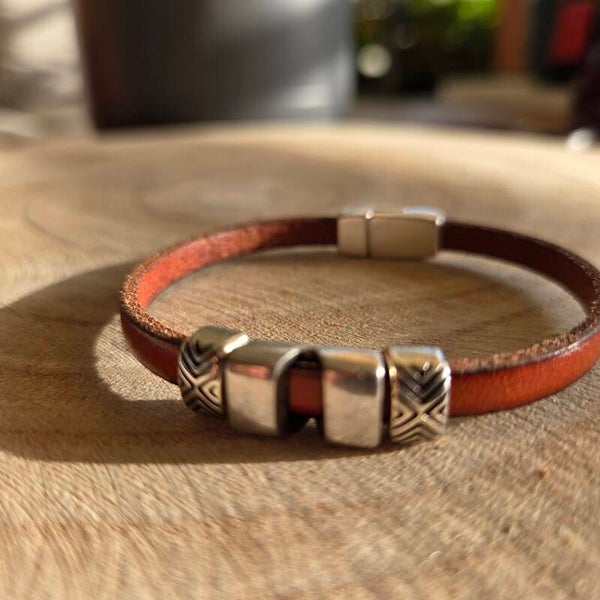 Bracelet lacet cuir noisette 3 coulissants