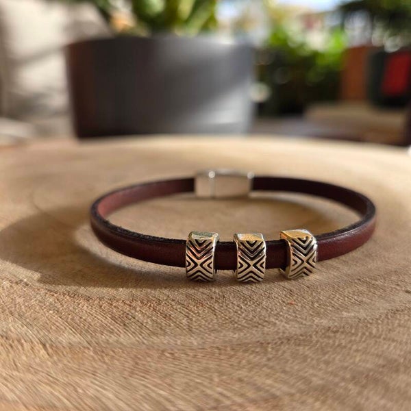 Bracelet lacet cuir cognac 3 coulissants ethnique