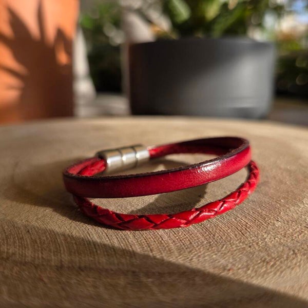 Bracelet cuir fin double rouge