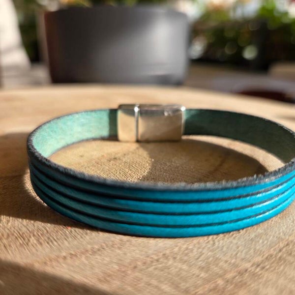 Bracelet cuir 10mm Bleu effet 4 bandes