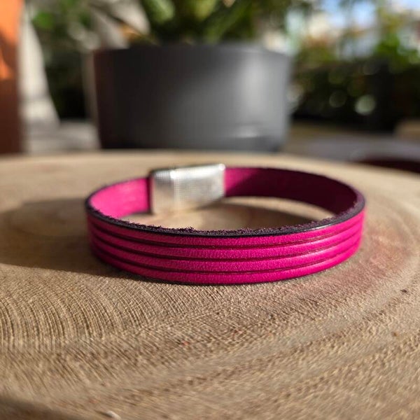 Bracelet cuir 10mm Rose effet 4 bandes