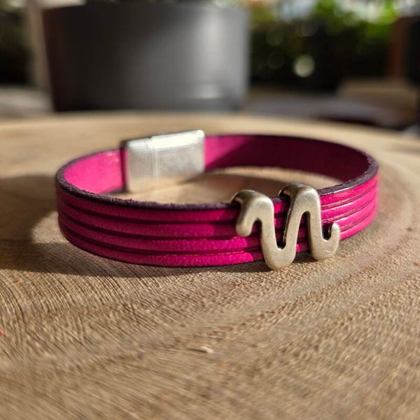 Bracelet cuir 10mm Rose effet 4 bandes + coulissant vague