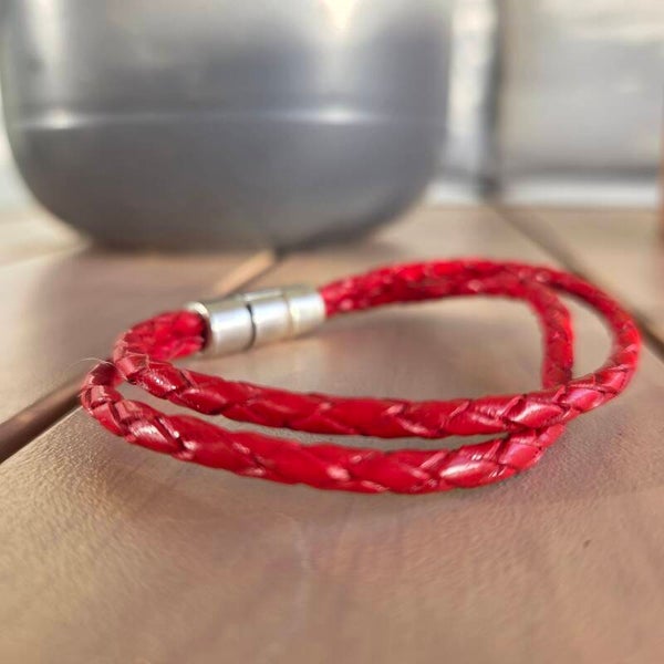 Bracelet cuir rond 2 lanières rouge
