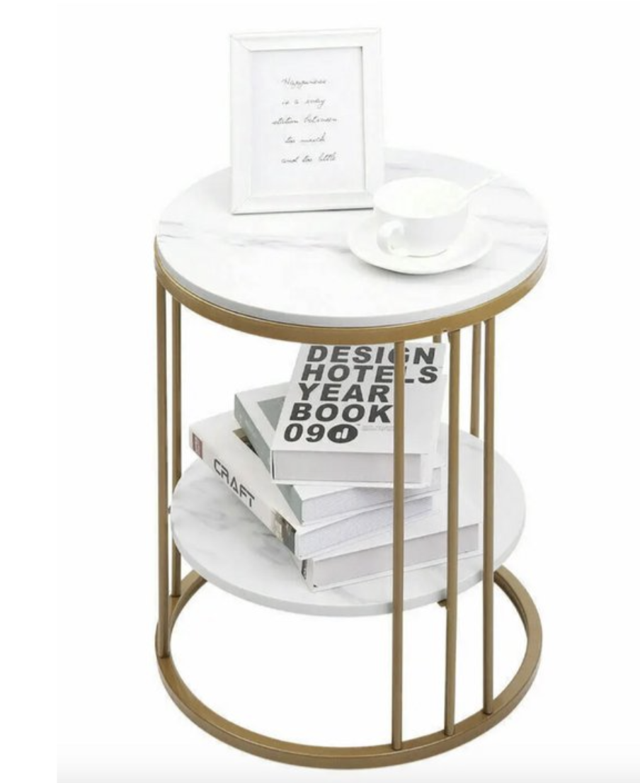 Bijzettafel Rond - Sidetable - Banktafel - Eindtafel - Koffietafel - Nachtkastje - Gesinterd Steen - Marmerlook - Wit - Goud metaal
