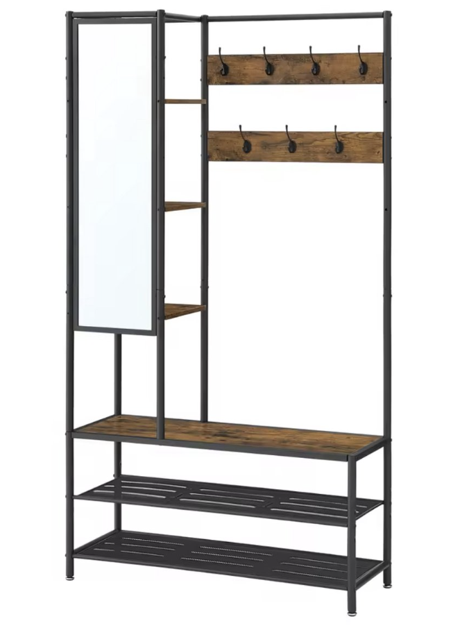 Kapstok - Kledingrek - Kledingstandaard - Garderobekast - Kleerhanger - Garderoberek - Gangmeubel - Kapstok Staande kapstok - Vestiairemeubel - Kast - Rek - Planken - 7 Haken - Spiegel - Schoenen rek - Hout en metaal - Bruin/Zwart