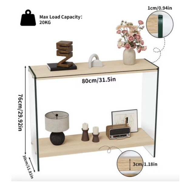 Gangtafel - Muurtafel - Gangtafel - Consoletafel - Sidetable - Banktafel - Gehard glas - MDF planken - Glazen poten - Modern - Licht hout - Bruin - 80cm