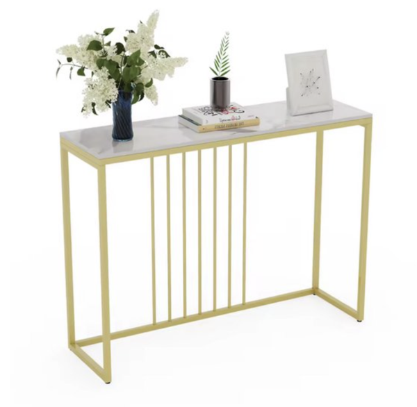 Gangtafel - Muurtafel - Gangtafel - Consoletafel - Sidetable - Banktafel - Gesinterd steen - Marmerlook - Stalen poten - Gouden Frame - Industrieel - Wit