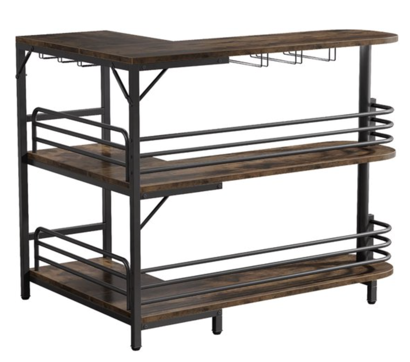 Bartafel L-Vorm – Industriële Thuisbar – Wijnkast met Glazenhouder – Hout & Metaal – Bruin/Zwart