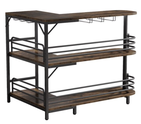 Bartafel L-Vorm – Industriële Thuisbar – Wijnkast met Glazenhouder – Hout & Metaal – Bruin/Zwart