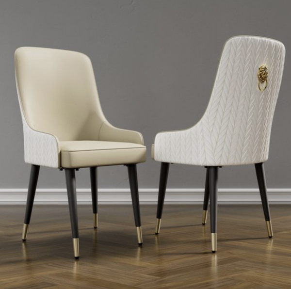 Luxe eetkamerstoel - Eettafelstoel - 2 Eetkamerstoelen - Stoel - Fauteuil - Kamerstoel - Set van 2 stoelen - Pu leer - Stof - Gouden Leeuw - Trekring - Crème wit/Beige
