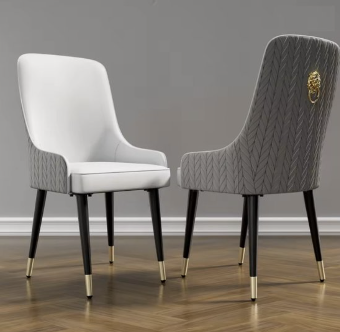 Luxe eetkamerstoel - Eettafelstoel - 2 Eetkamerstoelen - Stoel - Fauteuil - Kamerstoel - Set van 2 stoelen - Pu leer - Stof - Gouden Leeuw - Trekring - Grijs/Wit