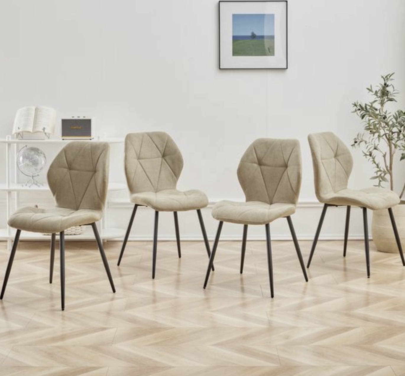 Eetkamerstoel Set van 4 – Mosterdgroene Linnen Stoelen met Zwarte Metalen Poten – Moderne Design Stoelen met Ergonomische Rugleuning - Groen