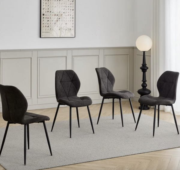 Eetkamerstoel Set van 4 – Zwarte Linnen Stoelen met Zwarte Metalen Poten – Moderne Design Stoelen met Ergonomische Rugleuning - Zwart