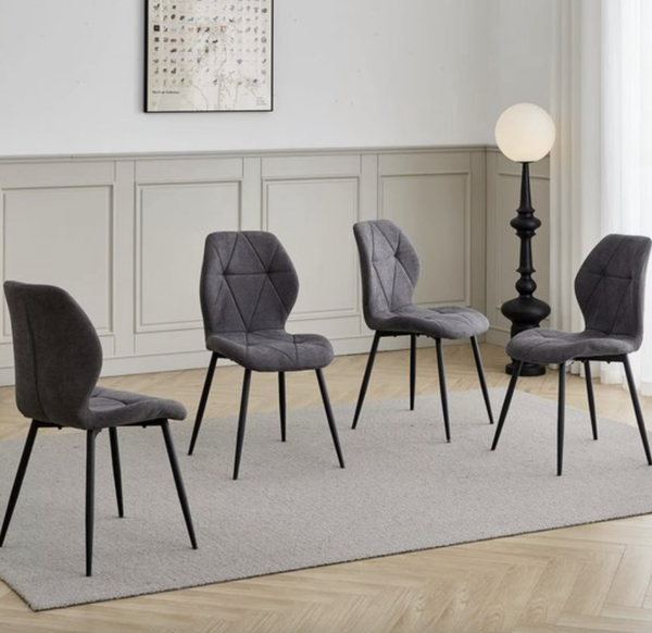 Eetkamerstoel Set van 4 – Donkergrijze Linnen Stoelen met Zwarte Metalen Poten – Moderne Design Stoelen met Ergonomische Rugleuning - Donkergrijs - Grijs
