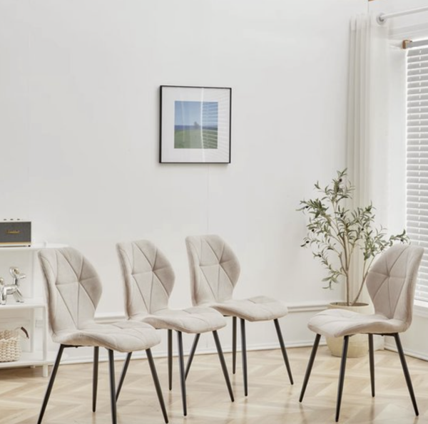 Eetkamerstoel Set van 4 – Beige Linnen Stoelen met Ergonomische Rugleuning – Moderne Design Stoelen met Metalen Poten - Beige