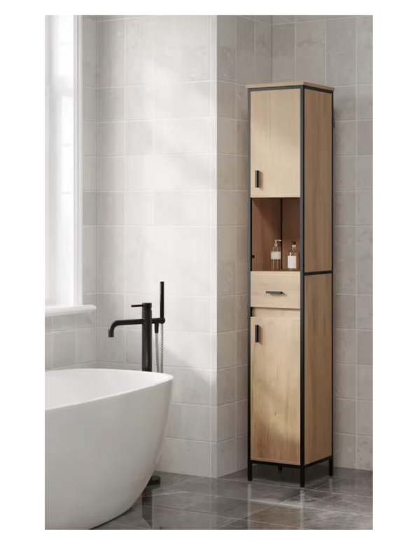 Hoge Badkamerkast – Kolomkast - Smalle Opbergkast met Lade, Open Vak en Verstelbare Planken – Industrieel Design – Bruin - Licht Eiken & Zwart