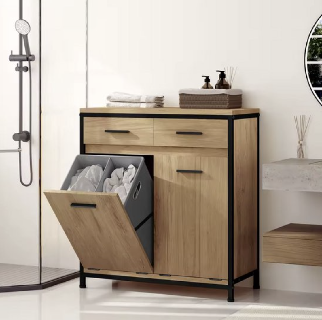 Badkamerkast met Wasmand – Opbergkast met 2 Lades en Dubbele Waszak – Industrieel Design – Bruin - Licht Eiken & Zwart
