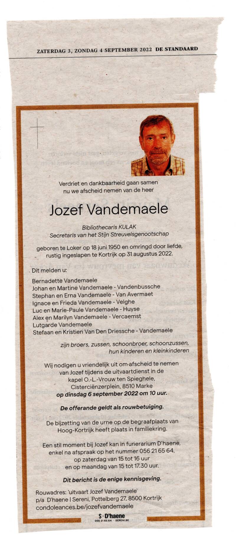 Overlijdensbericht Jozef Vandemaele