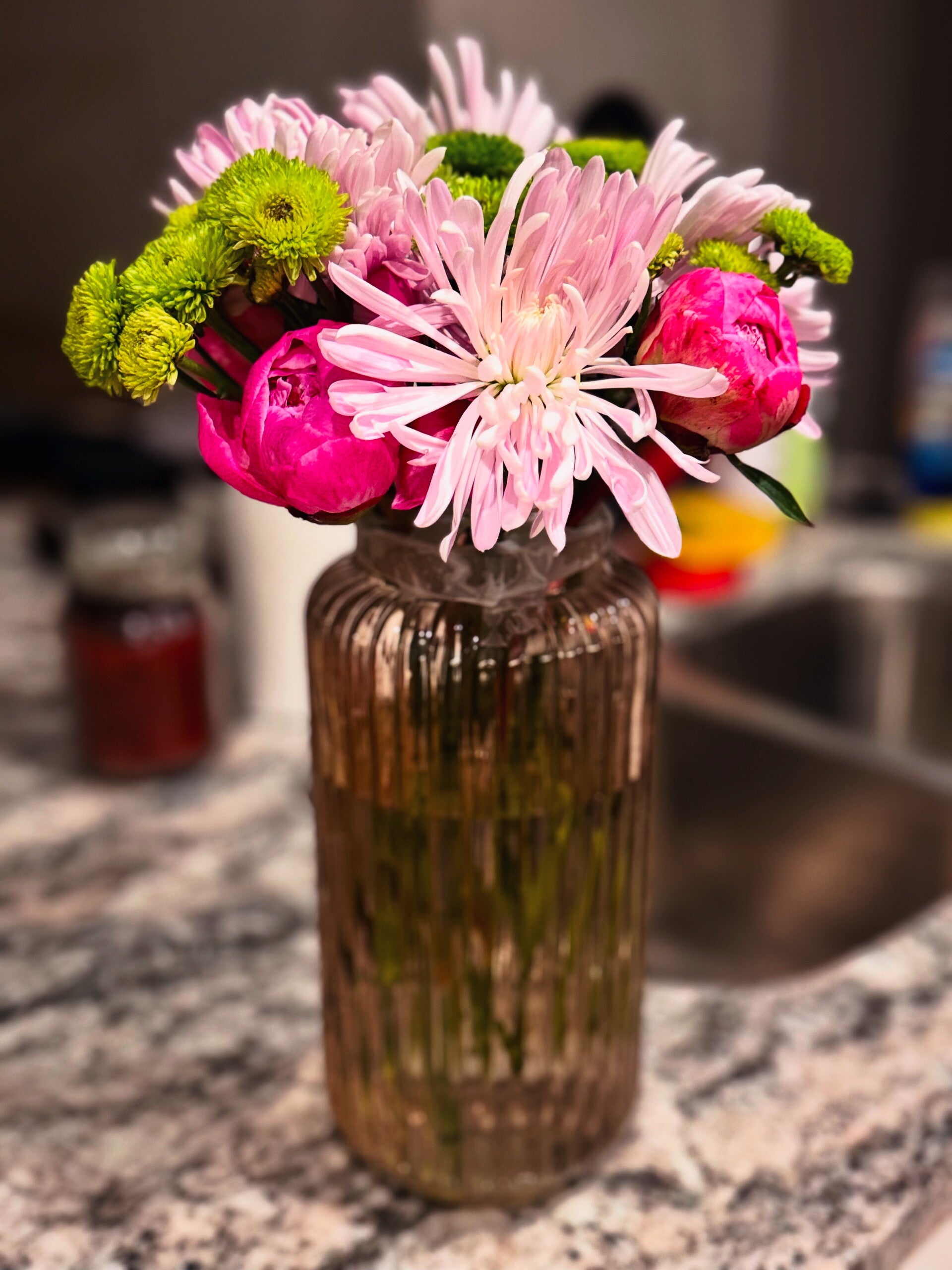 Stately Peony & Chrysanthemum Arrangement 9” Blush Clear Glass