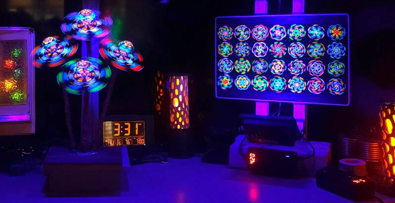 Assortment of table top light scultptures.