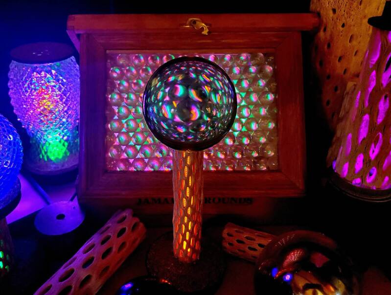 Kinetic LED Light Sculpture with Glass Marble Screen Matrix and 3" Glass Sphere with Cholla Branch Base Companion