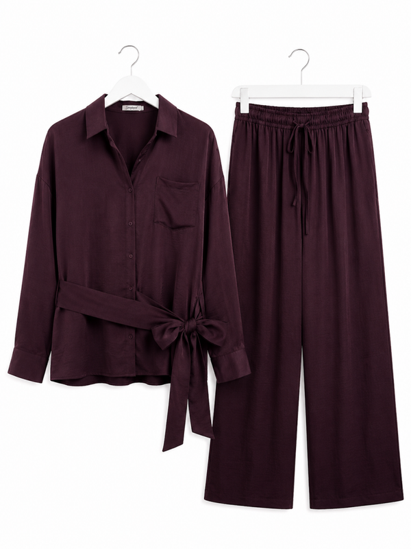 Satin Strik Aubergine Set