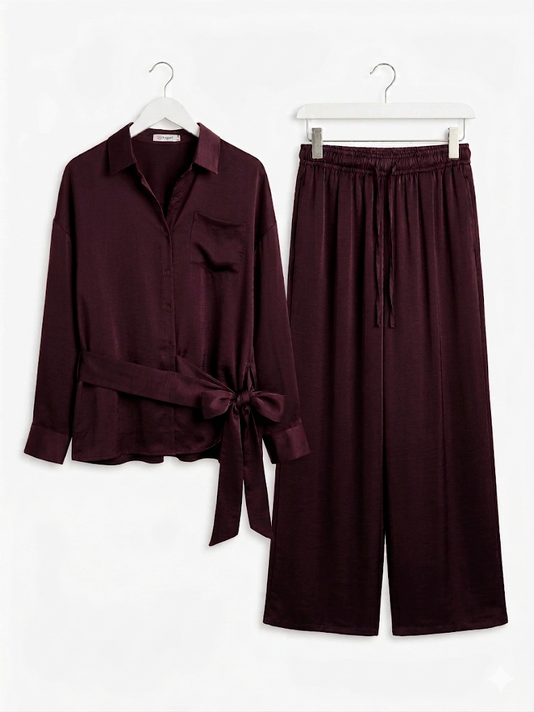 Satin Strik Aubergine Set