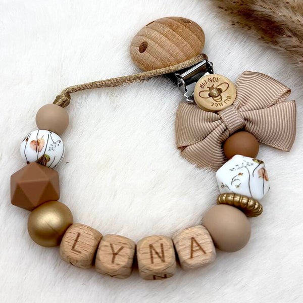 Speenkoord met naam “Beige Bruin” met strik