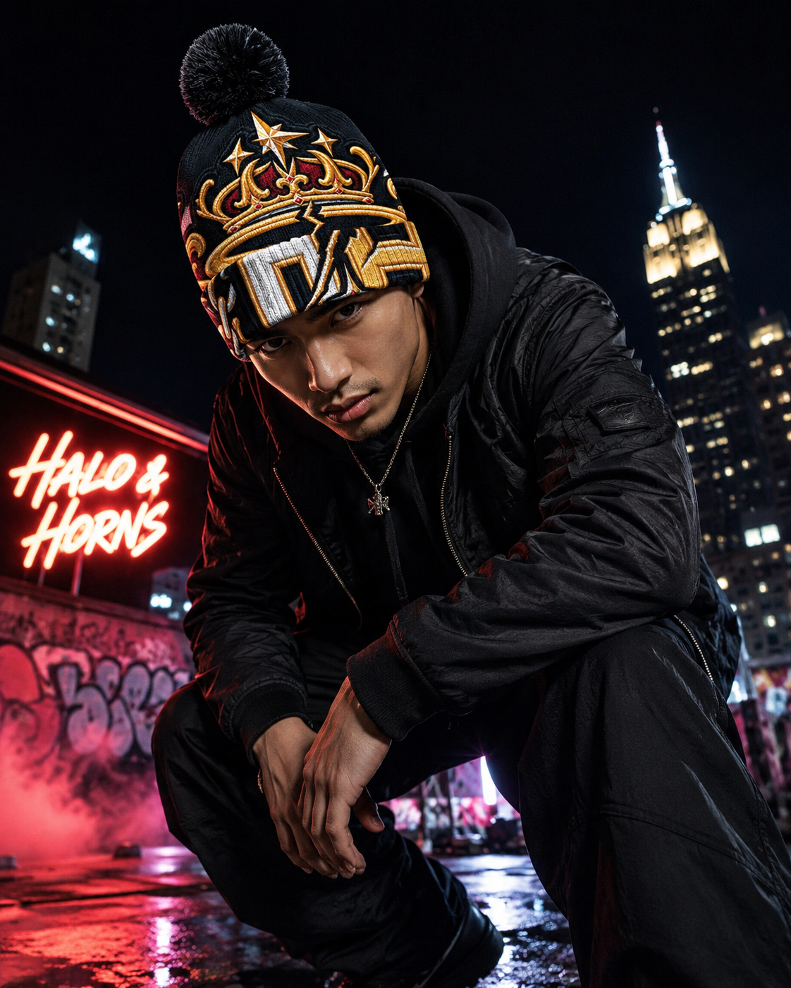 Halo & Horns Crown Divide Pom Beanie
