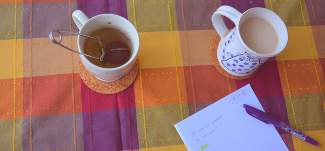 2 cups of tea, a paper and a pen for a private French lesson